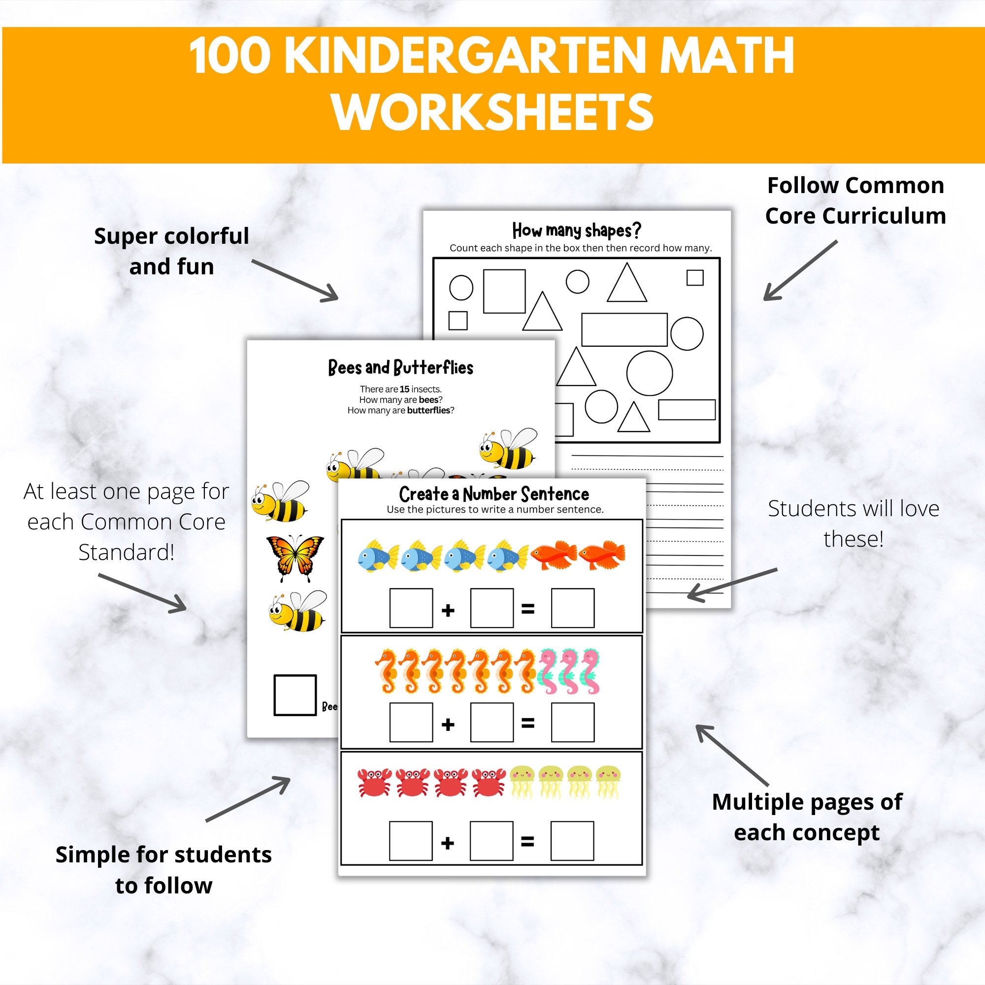 100 Kindergarten Math Common Core Worksheets Printable Instant 