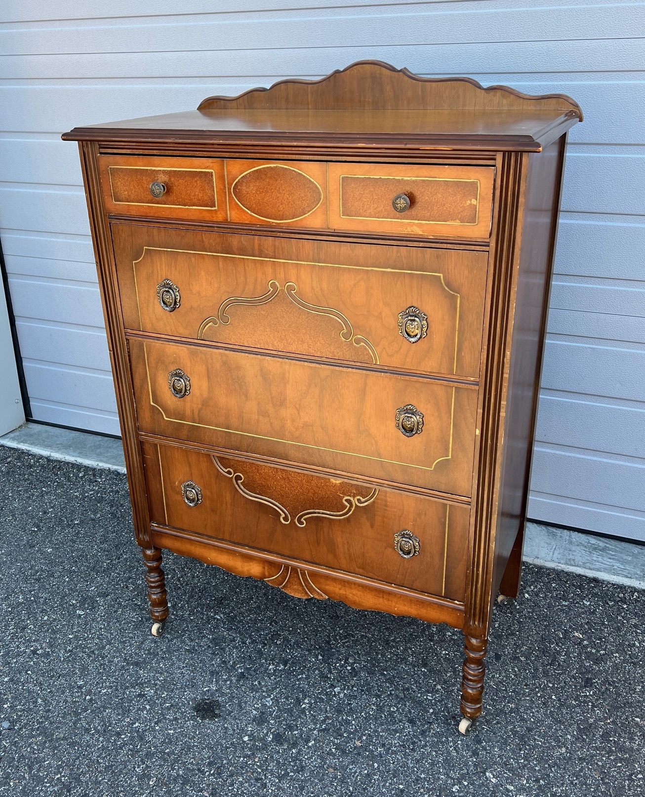 100 Year Old 4 Drawer Solid Wood Dresser With Inlay And Carved Detail On Antique Casters