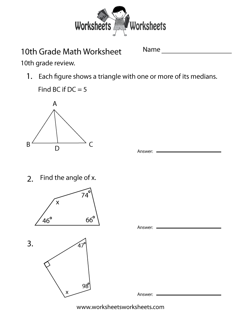 math worksheets for 10th graders