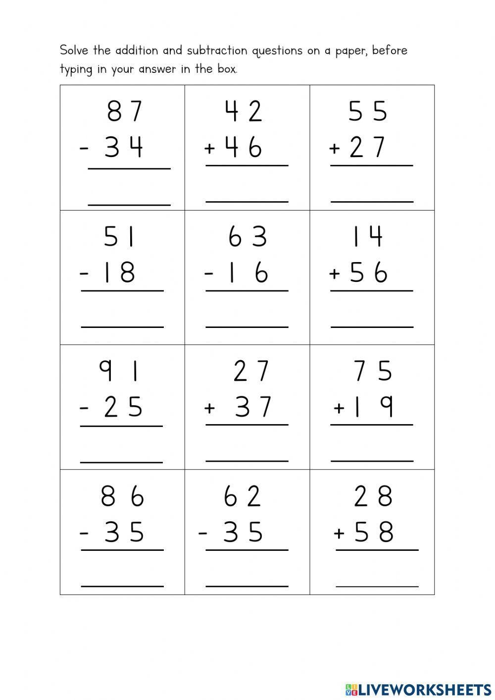 2 digit Addition And Subtraction Worksheet Live Worksheets 
