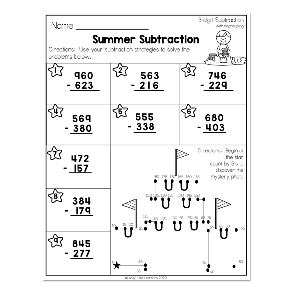 2nd Grade Math Worksheets 3 Digit Subtraction With Regrouping Summer Subtraction Lucky Little Learners