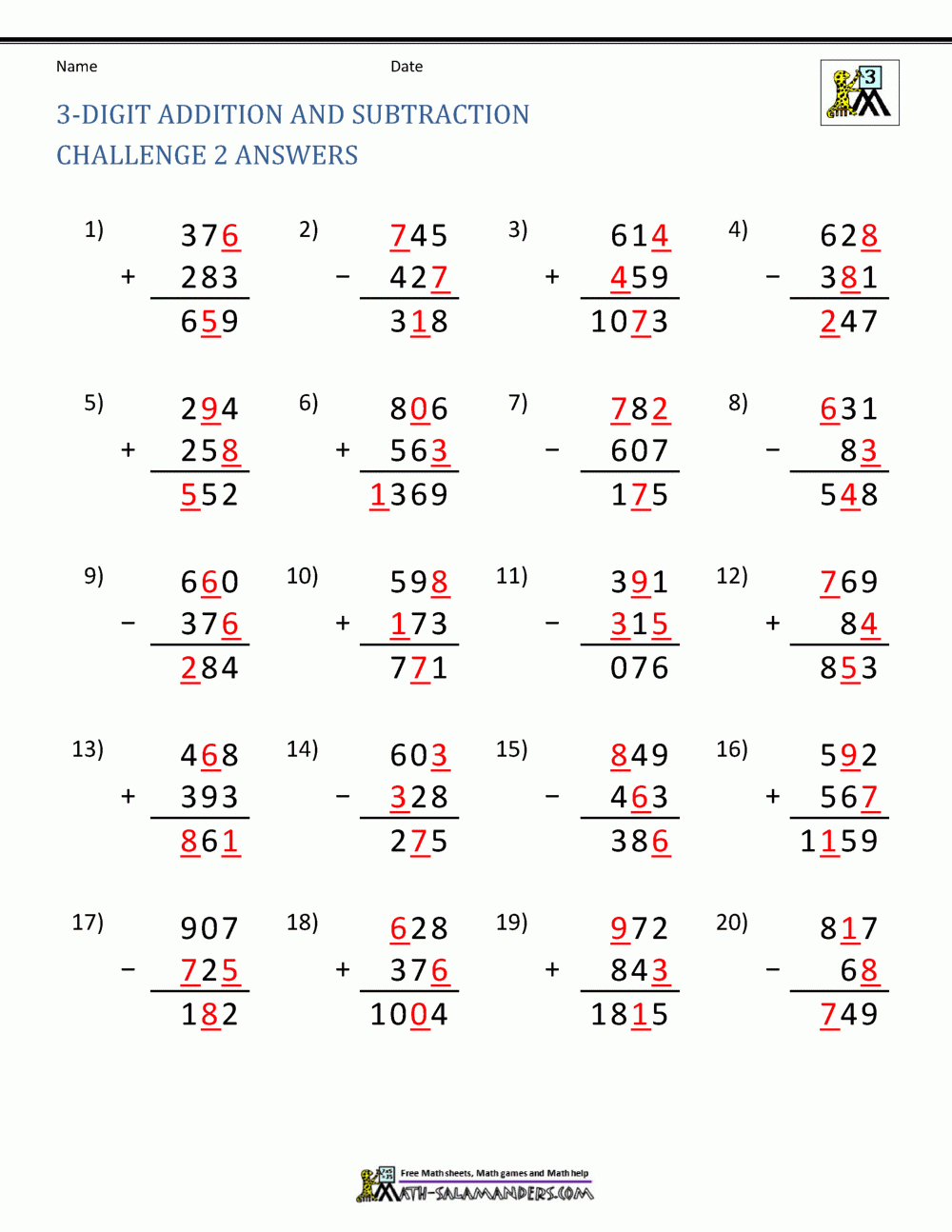 three digit addition subtraction worksheets