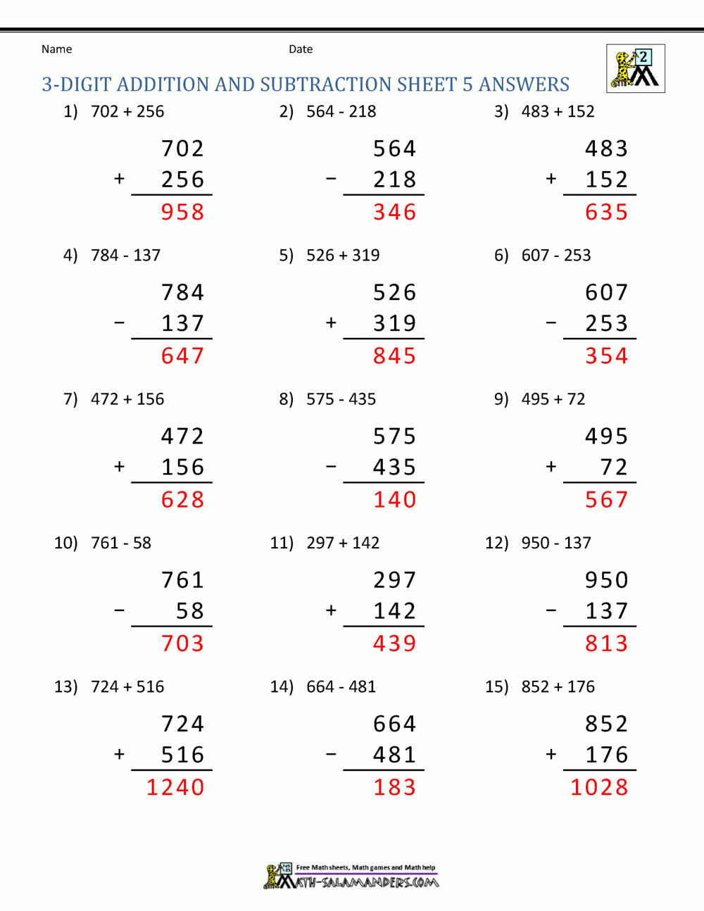 3 Digit Addition And Subtraction Worksheets Worksheets Library