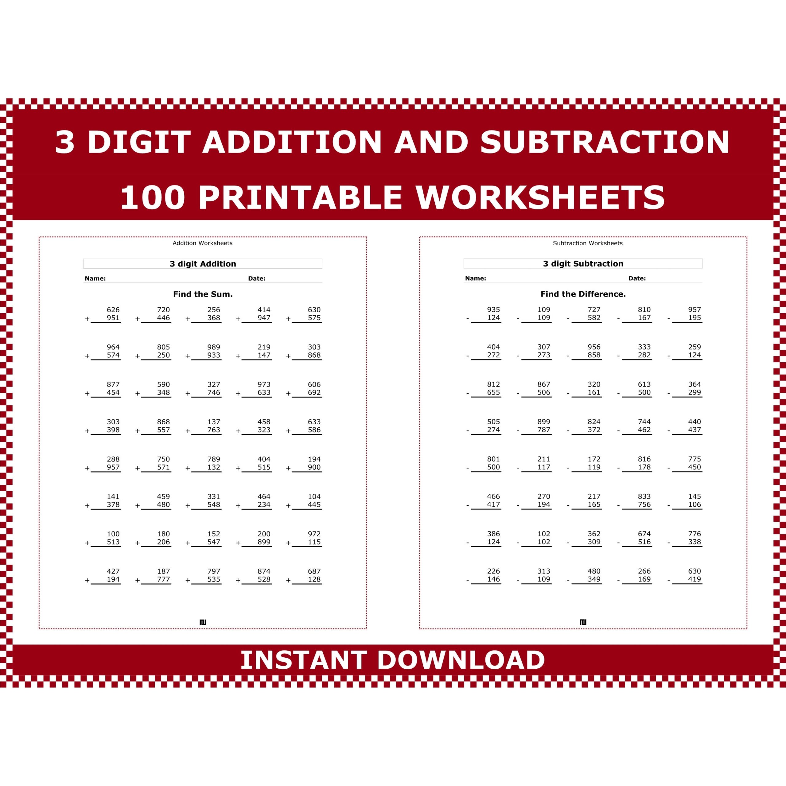 3 Digit Plus 3 Digit Addition 3 Digit Minus 3 Digit Subtraction Triple Digit Addition And Subtraction Worksheets By Acminimalist Etsy