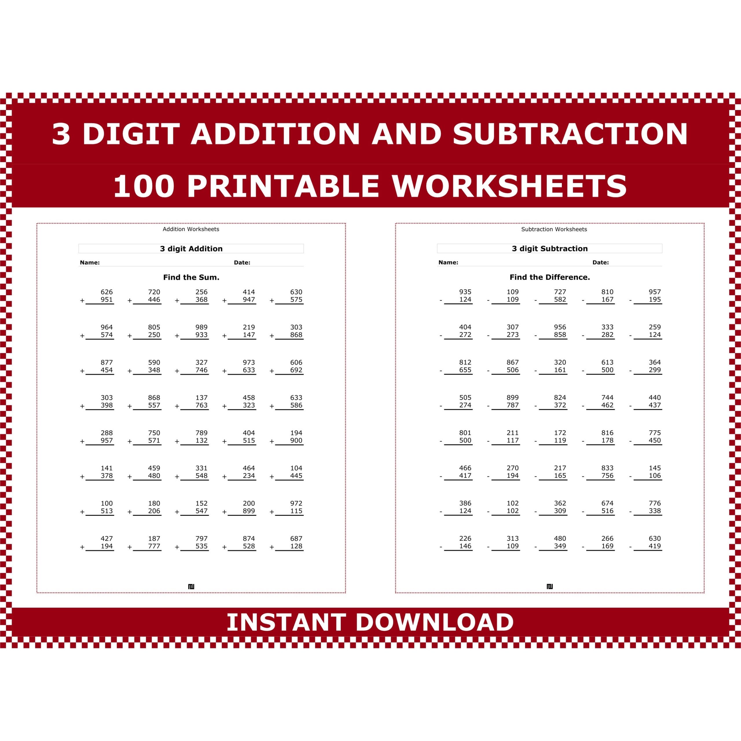 3 digit addition and subtraction worksheets