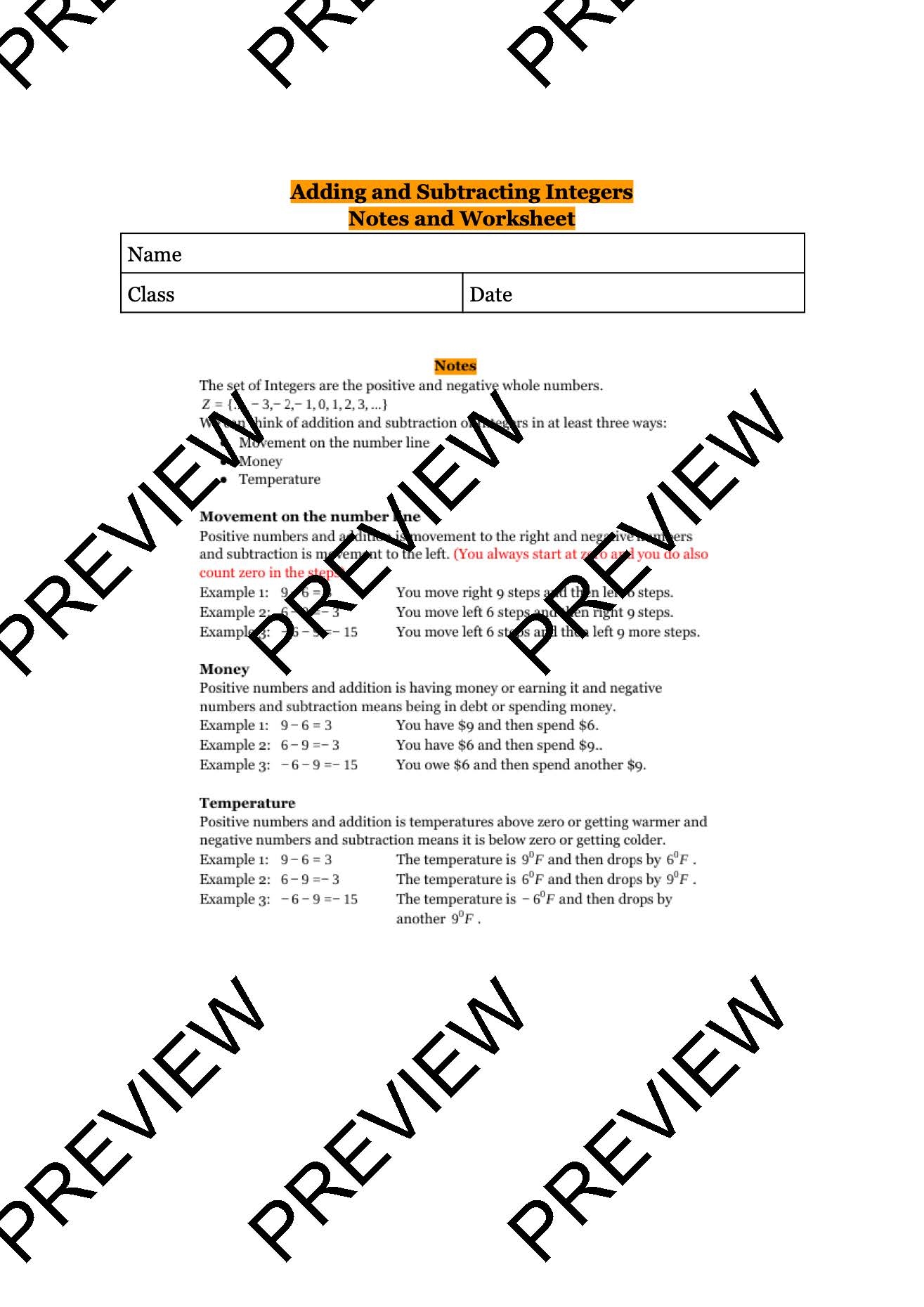 worksheet on addition and subtraction of integers