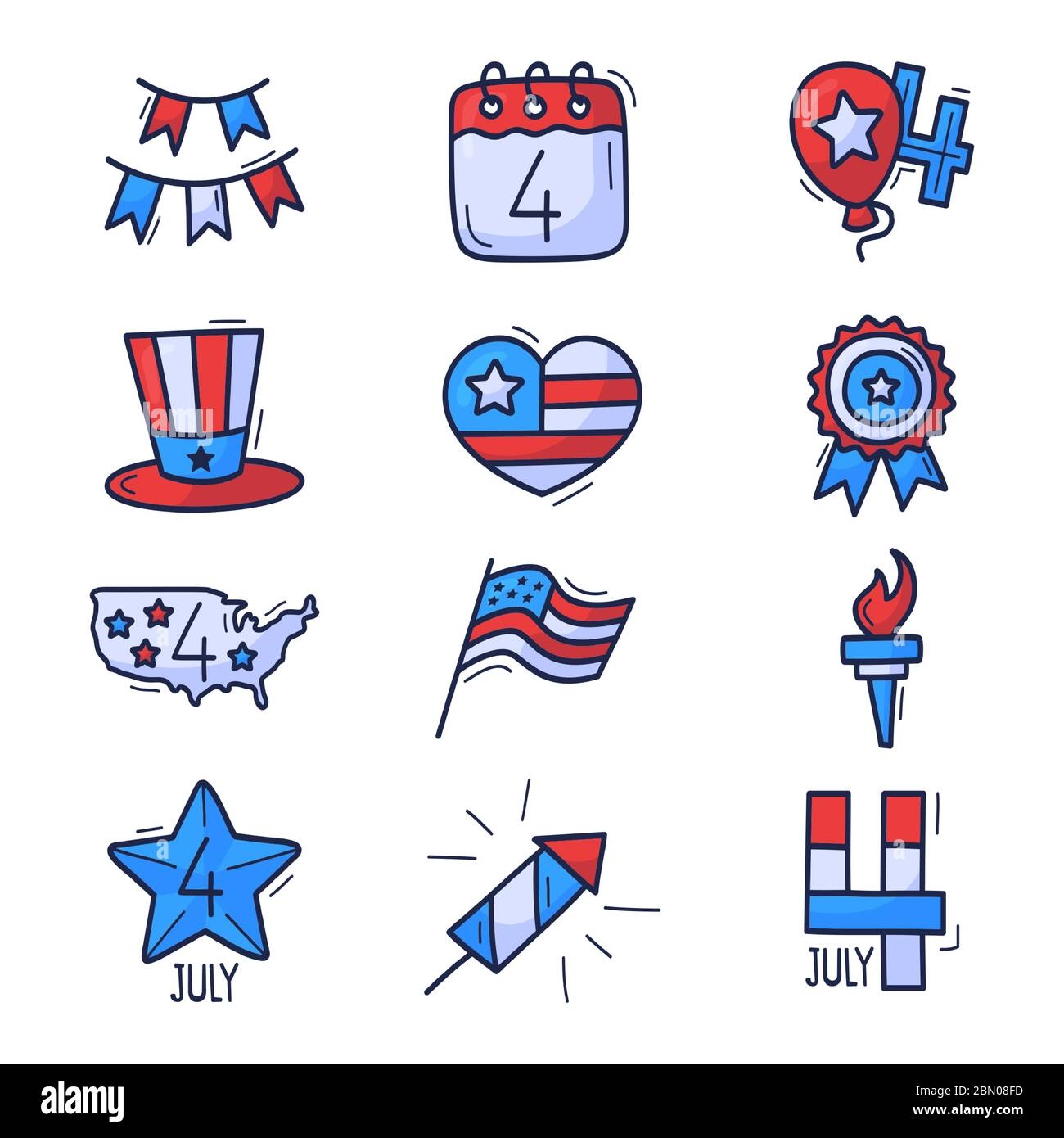 4 July Icon Set Usa Independence Day Hand Drawn Doodle Icons 