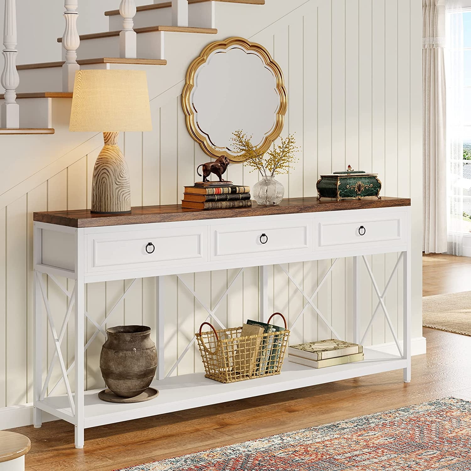 70 8 Inch Console Table With 3 Drawers Farmhouse Entryway Table With Storage Shelf