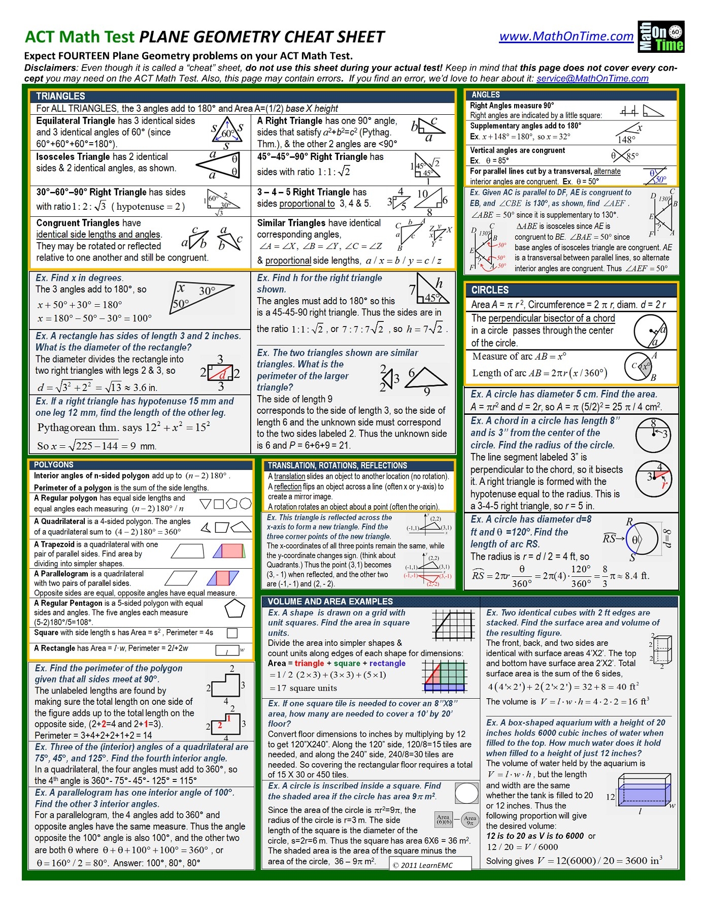 ACT Geometry Plane Formulas Cheat Sheet