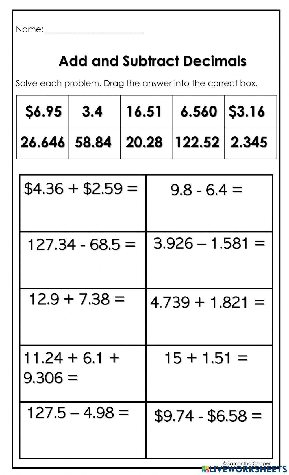 Add And Subtract Decimals Samantha Cooper Live Worksheets Library