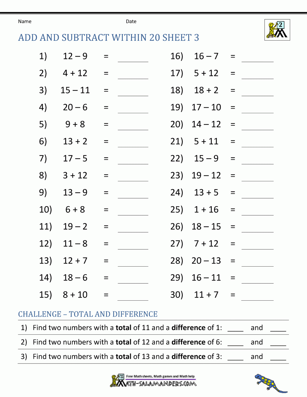 Add And Subtract Within 20