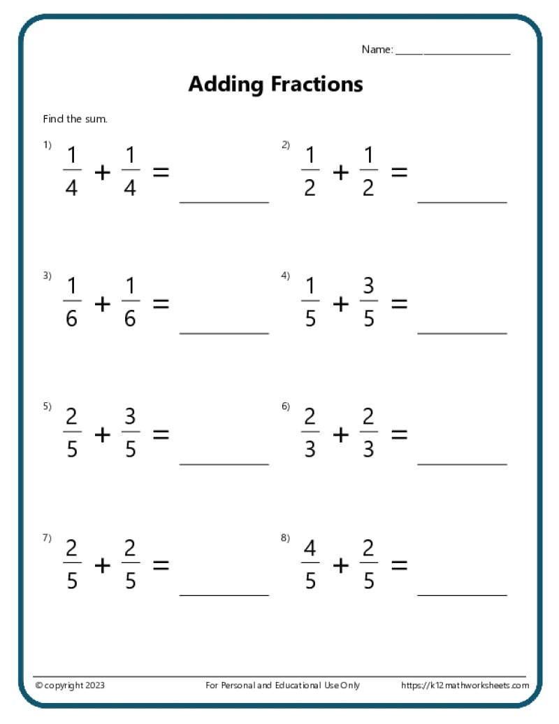 fraction math worksheets