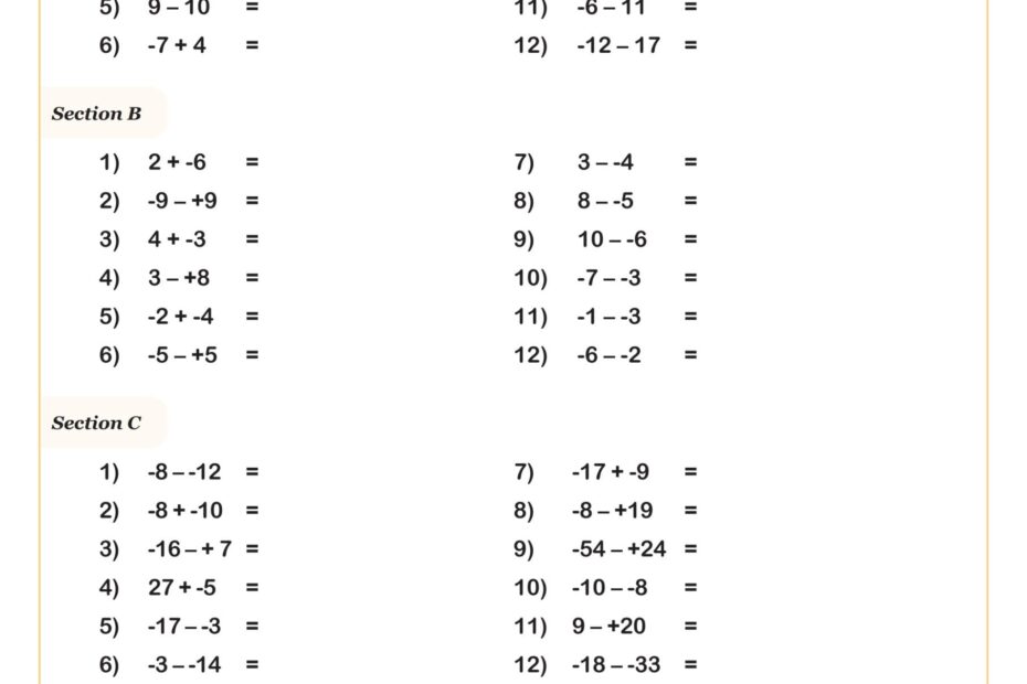 Adding And Subtracting Integers Practice Worksheet 7th Grade PDF