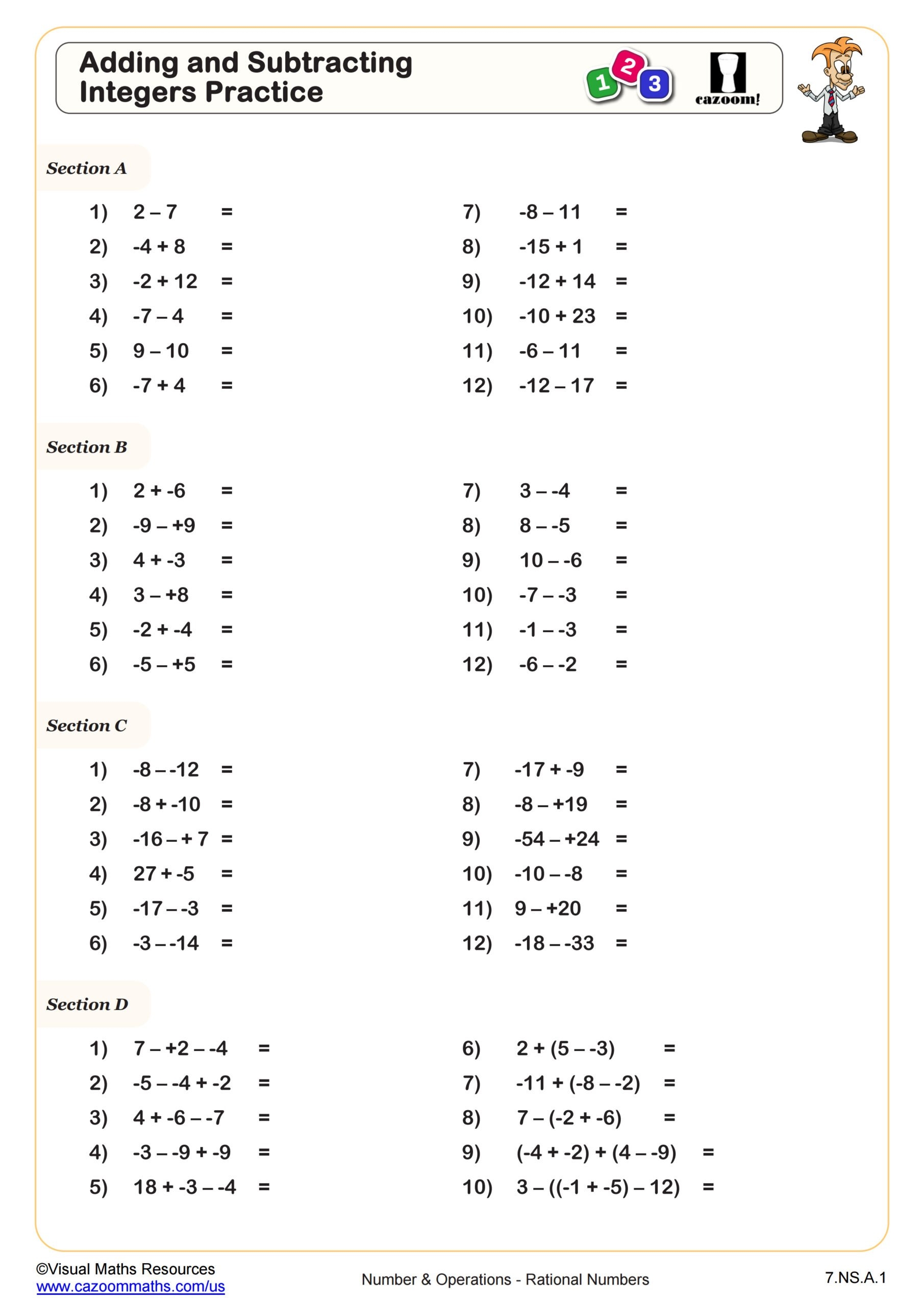 Adding And Subtracting Integers Practice Worksheet 7th Grade PDF 