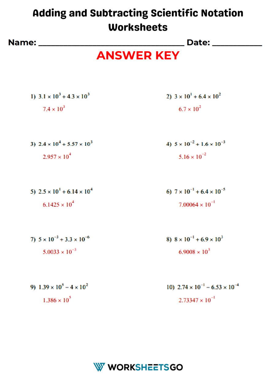 scientific notation addition and subtraction worksheet