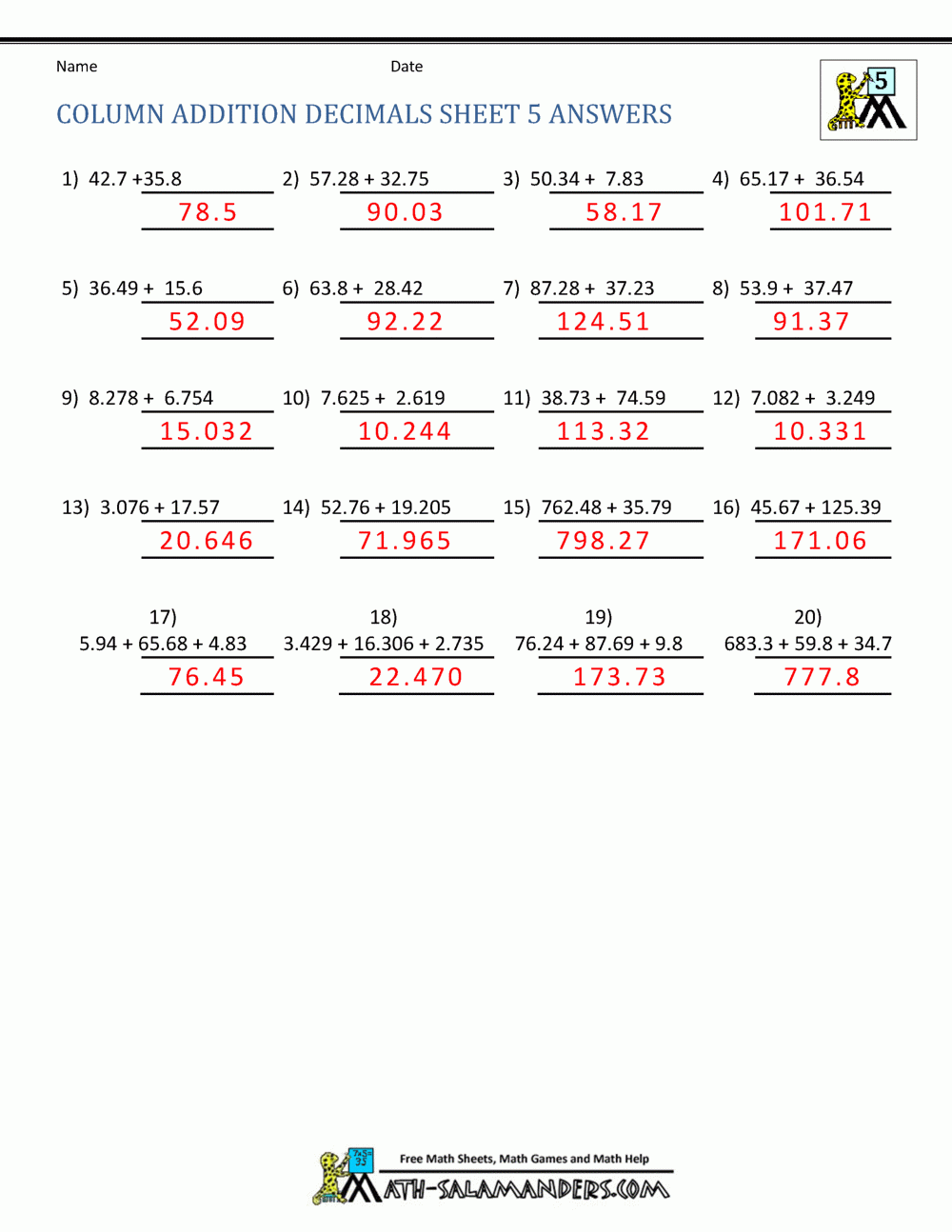 Adding Decimals Worksheet 5th Grade