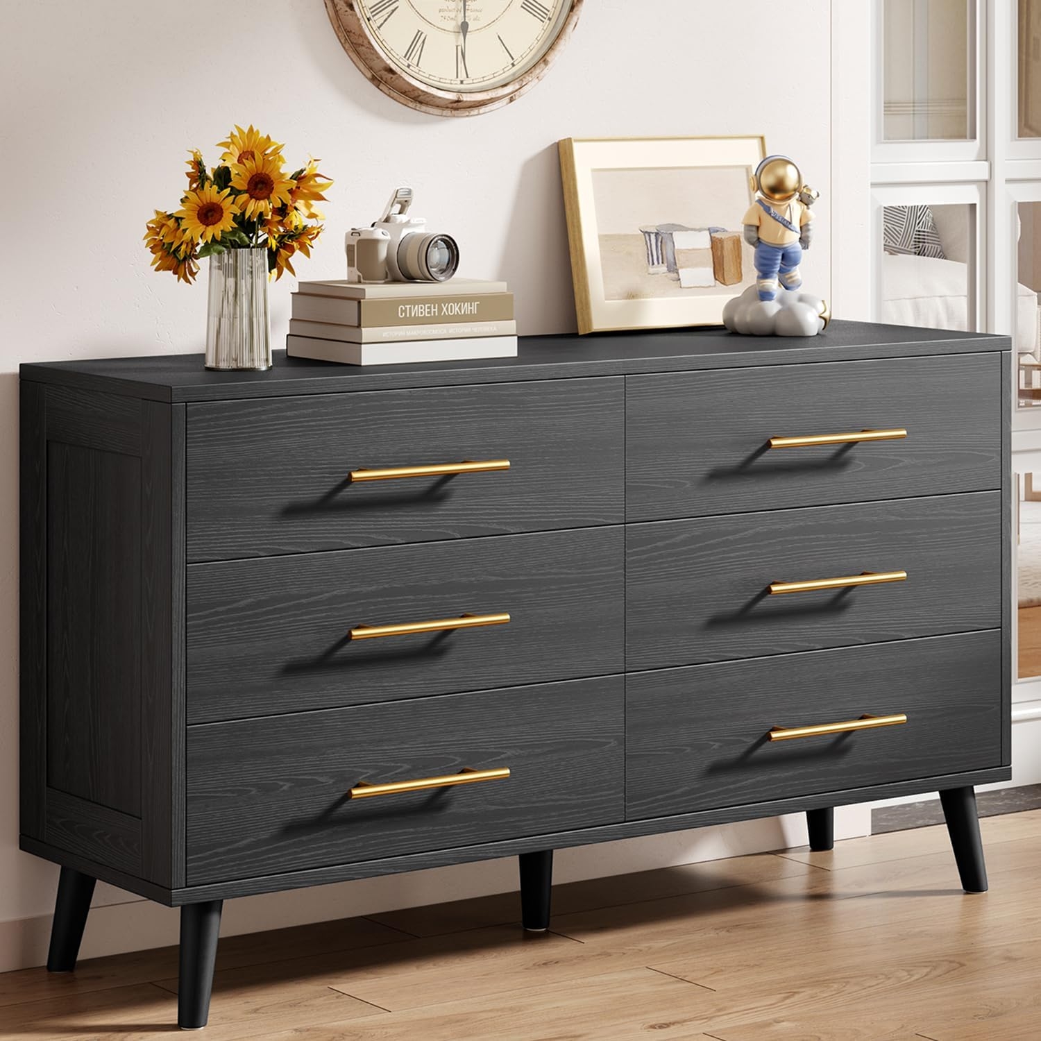 Aiho 6 Drawer Dresser For Bedroom Chest Of Drawers With Metal Handles Wood Storage Modern Dresser For Nursery Living Room Entryway Black