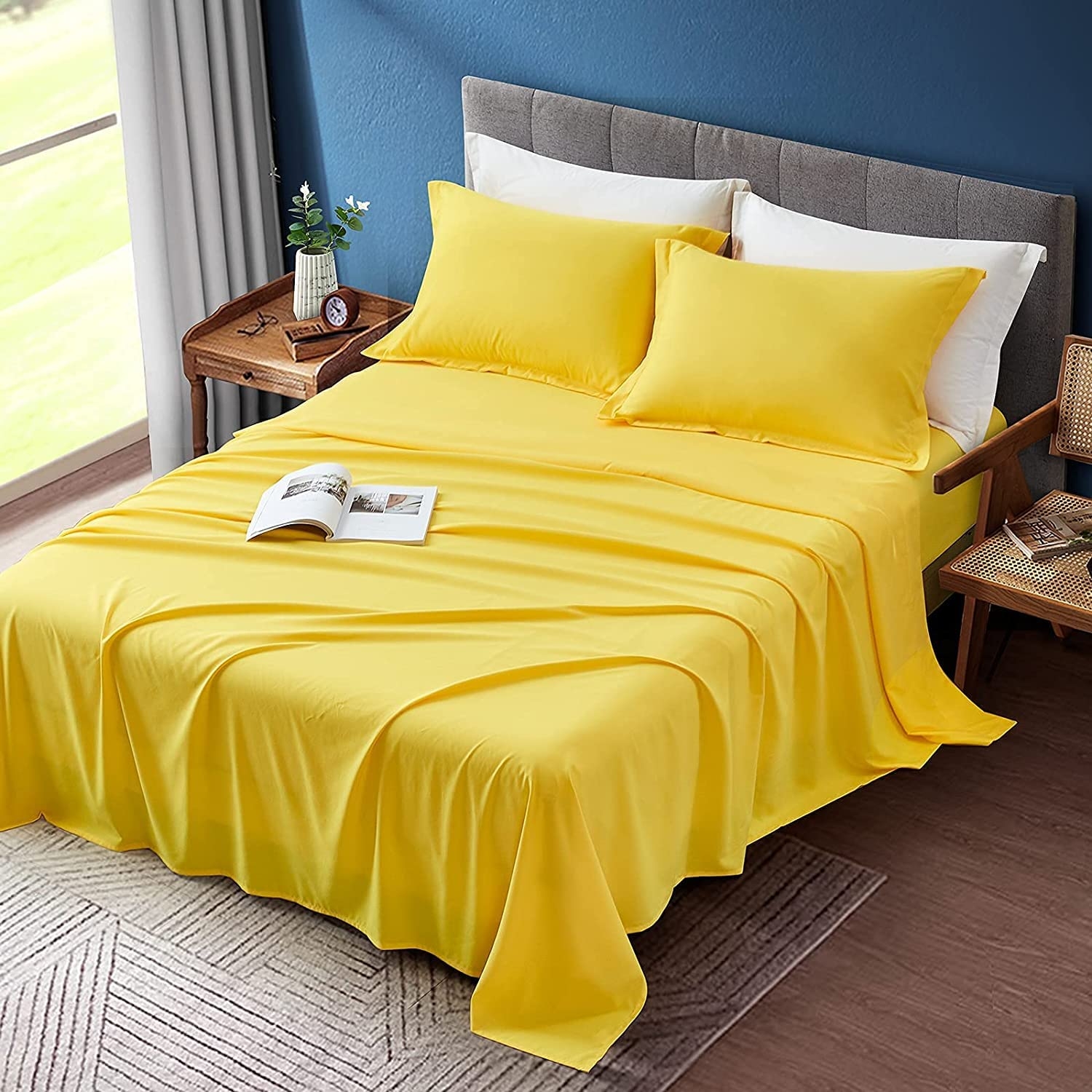 Amazon 100 Pure Cotton 4 PC Bed Sheet Set Ultra Soft Sheet Set For Full Yellow Solid Breathable Machine Washable 1 Flat 1 Fitted And 2 Pillow 