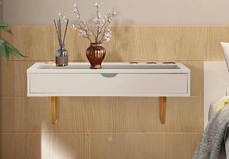 Amazon ALIMORDEN Floating Shelf With Drawer Wall Mounted Desk 31 Inch Surface White Home U0026 Kitchen