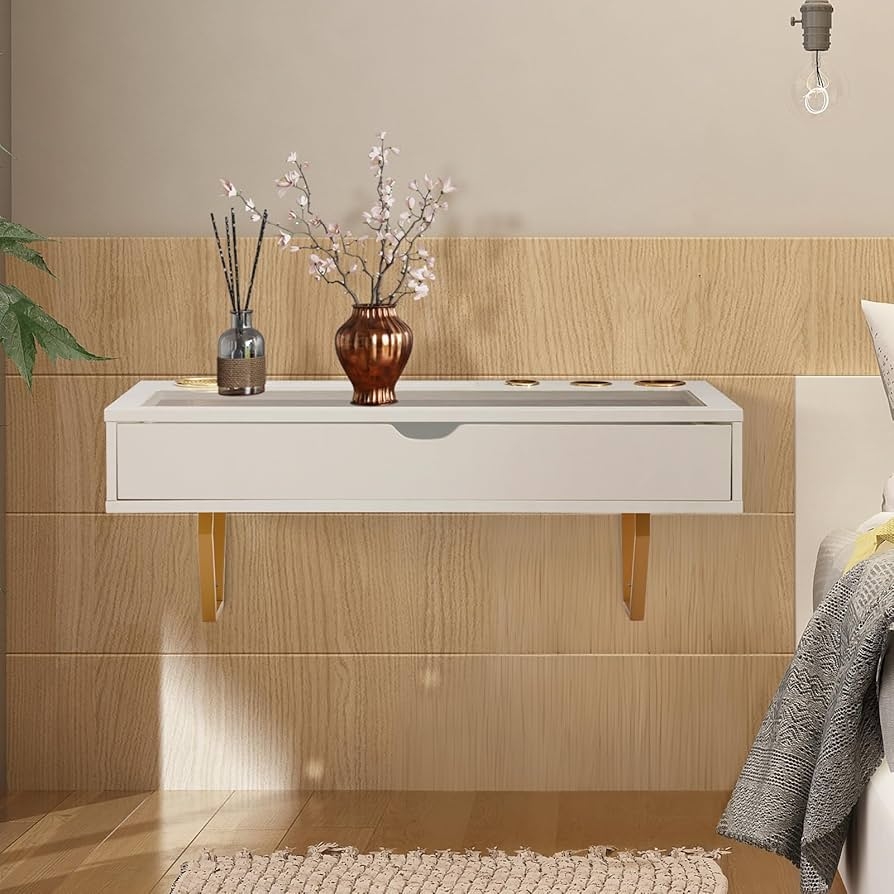 Amazon ALIMORDEN Floating Shelf With Drawer Wall Mounted Desk 31 Inch Surface White Home U0026 Kitchen
