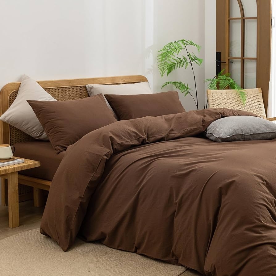 Amazon BESTOUCH Duvet Cover Set 100 Washed Cotton Linen Feel Super Soft Comfortable Chic Lightweight 3 PCs Home Bedding Set Solid Cocoa Brown 