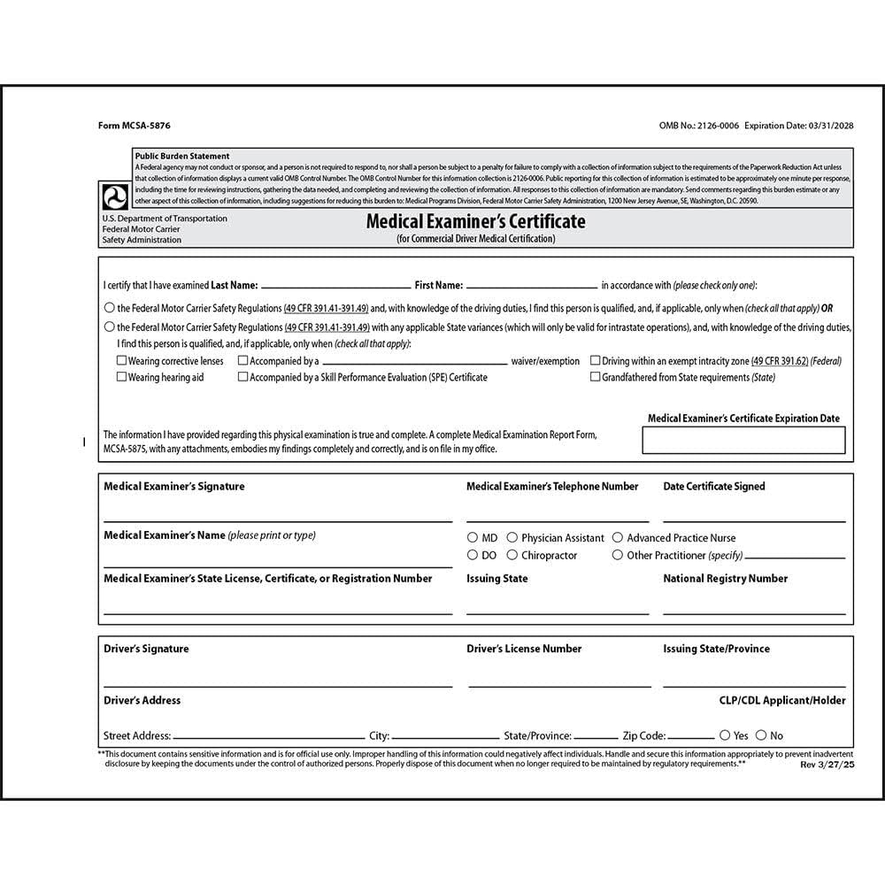 Amazon DOT FMCSA Medical Examiner Certificate 10 Pack 4 25 