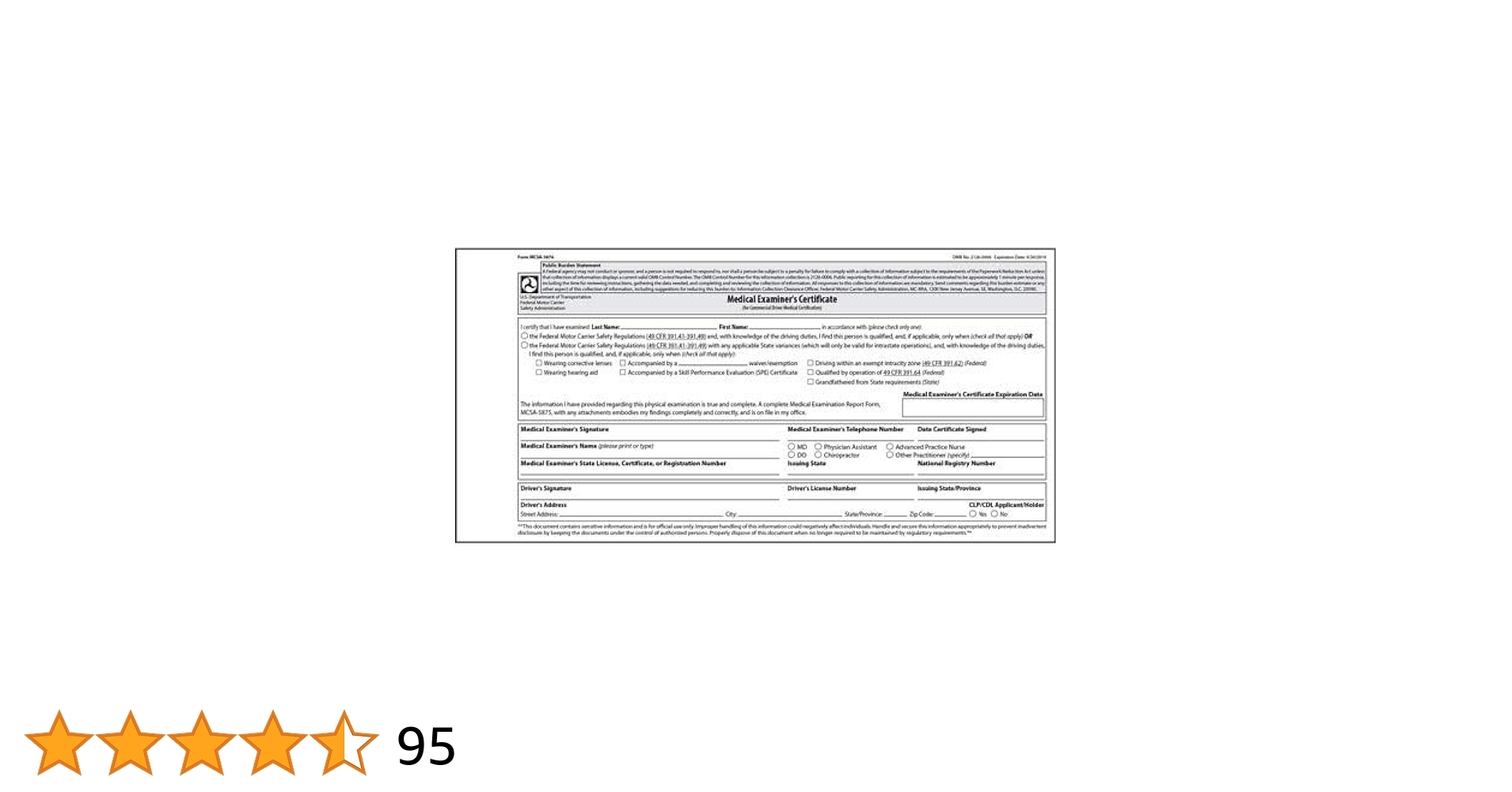 Amazon DOT FMCSA Medical Examiner Certificate 5 Pack Laminated 2 Ply Trifold 3 5