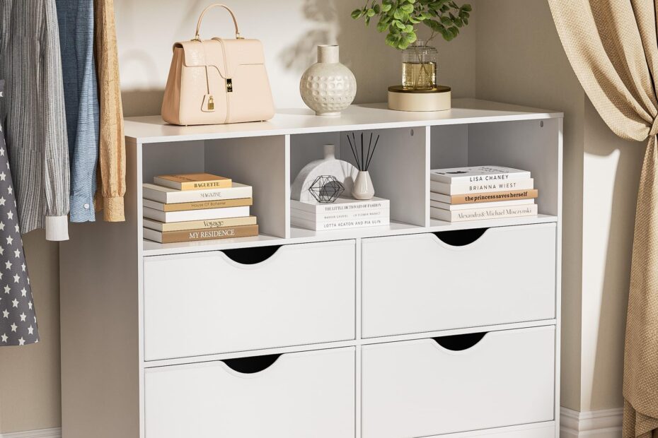 Amazon Housoul 4 Drawers Dresser With Open Cube White Chest Of Drawers For Bedroom Fabric PU Closet Drawer Dresser Large Organizer 4 Drawers White Home U0026 Kitchen