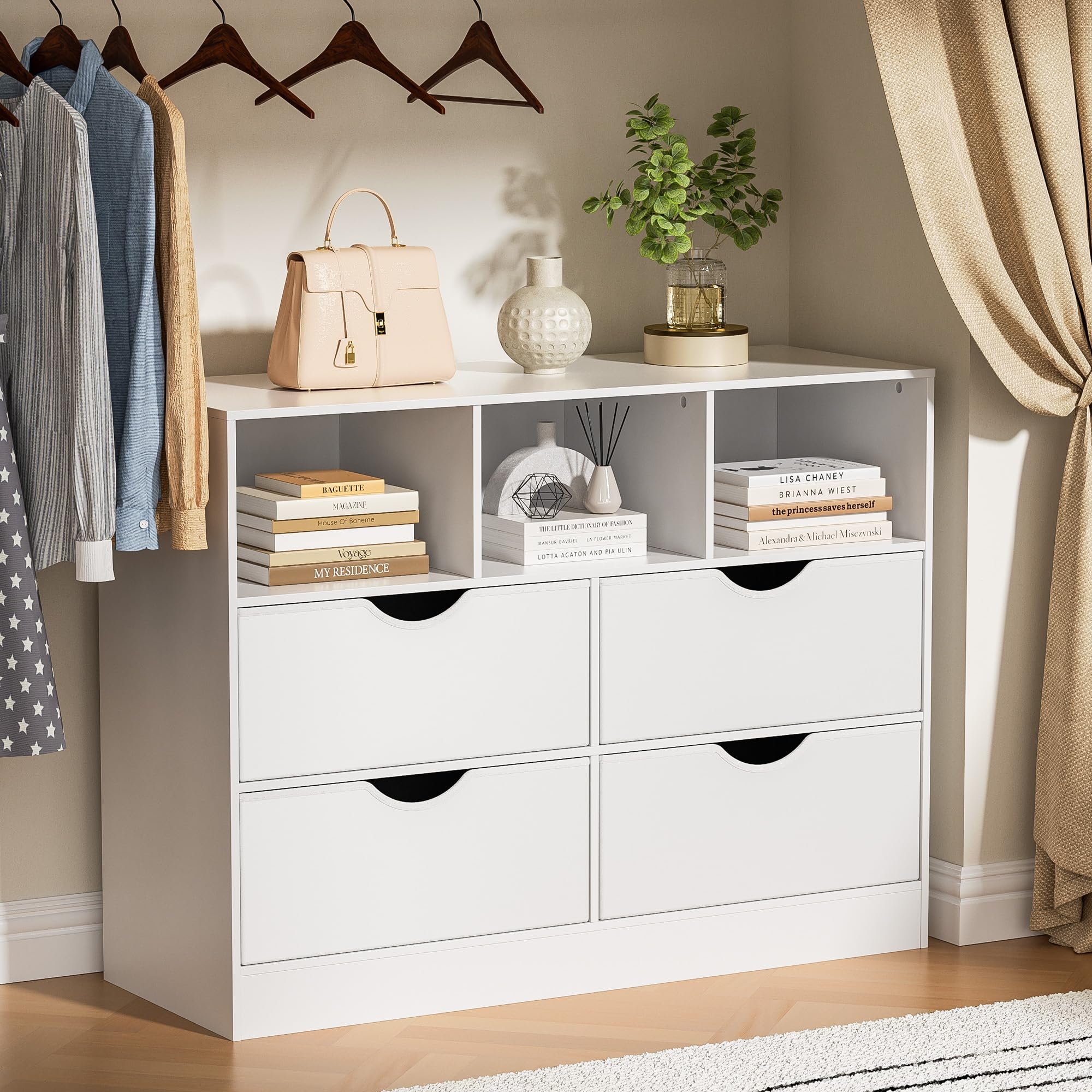 Amazon Housoul 4 Drawers Dresser With Open Cube White Chest Of Drawers For Bedroom Fabric PU Closet Drawer Dresser Large Organizer 4 Drawers White Home U0026 Kitchen