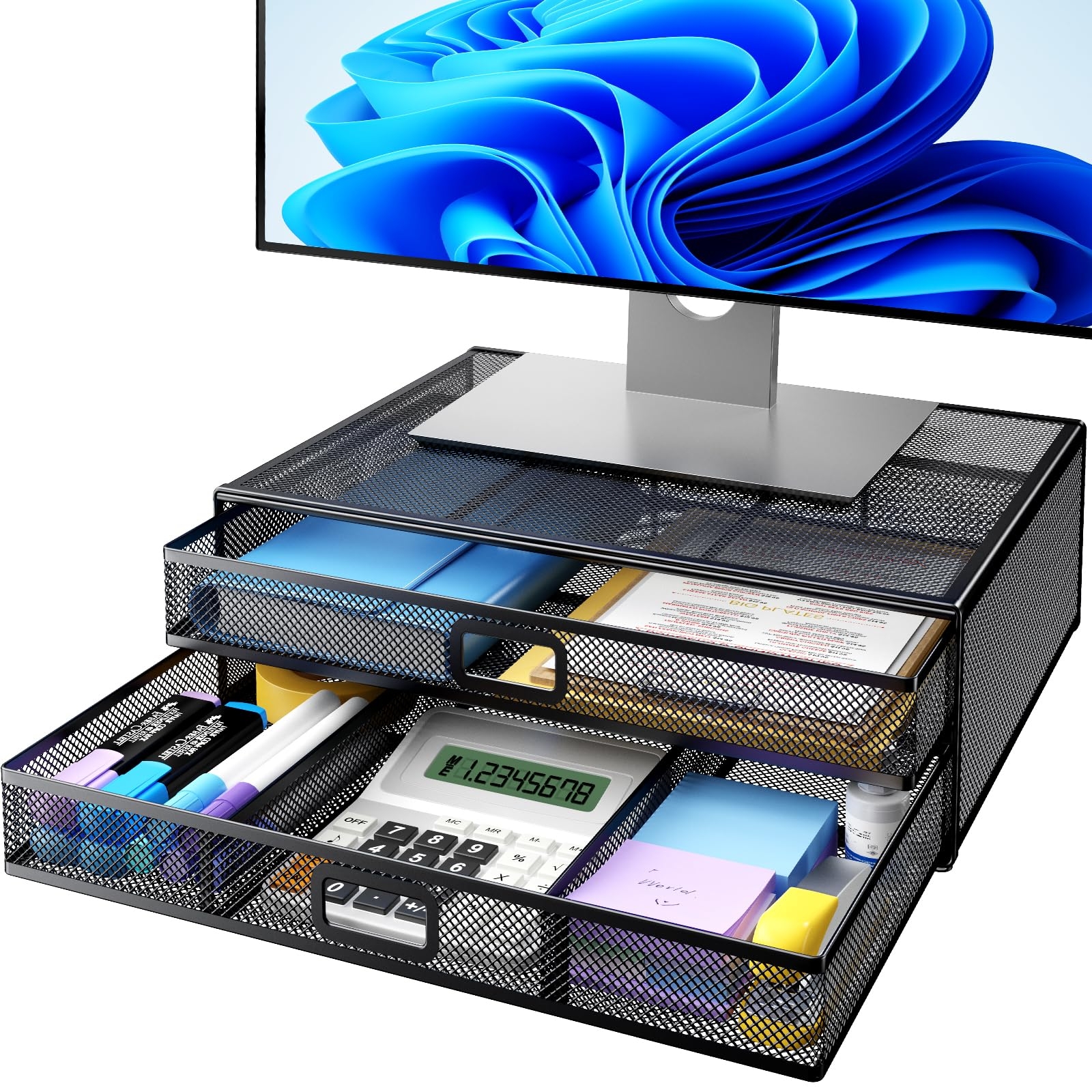 Amazon HUANUO 2 Tier Monitor Stand Metal Monitor Riser With Drawer Desk Organizer Monitor Stand With Storage Desktop Computer Stand For PC Laptop Printer