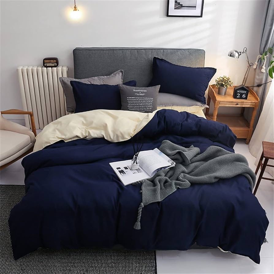 Amazon Luxury Two Color 4 Piece Comforter Set Soft And Breathable Cotton All Season Durable Bedding Set With Zipper Closure Dark Blue 2 Twin Home U0026 Kitchen