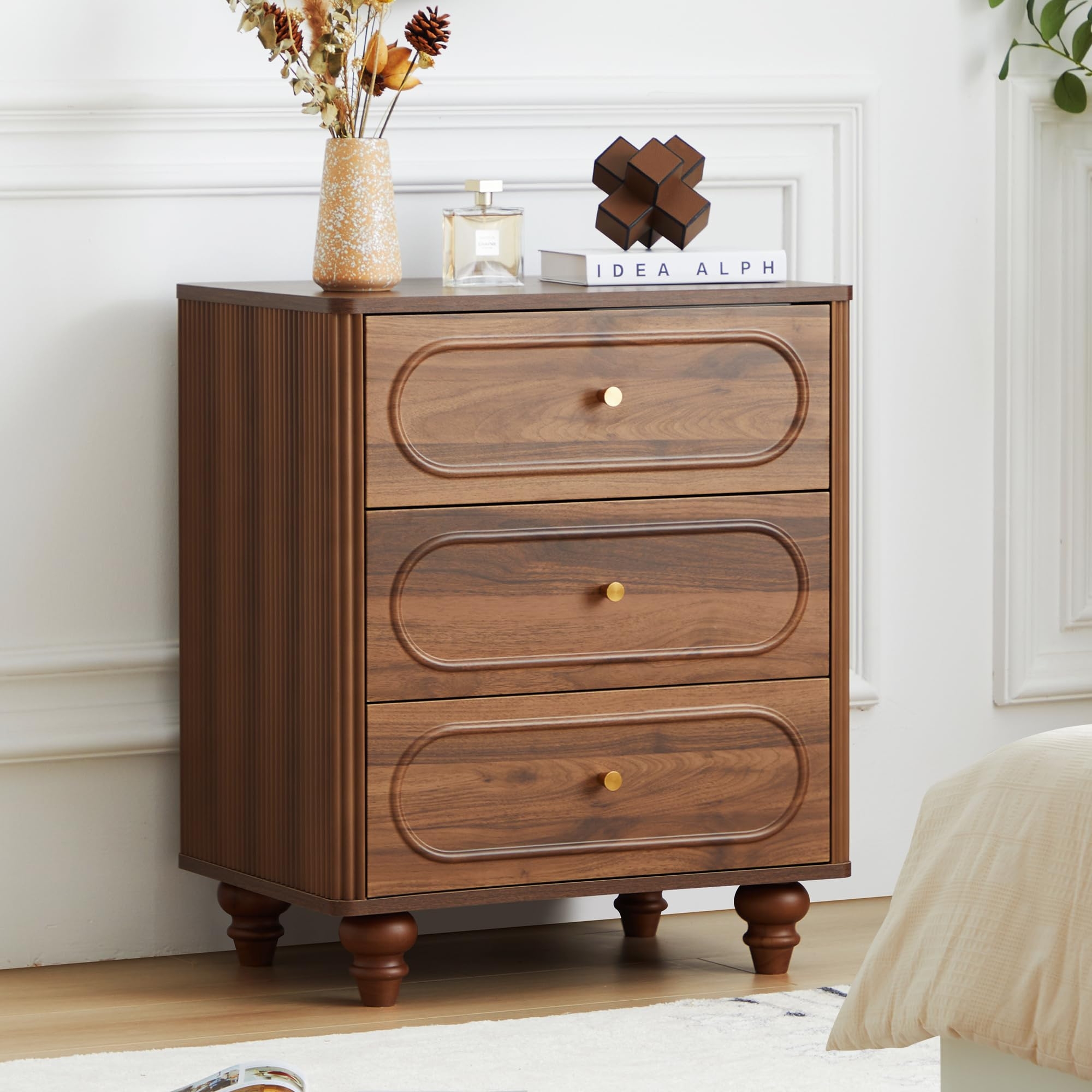 Amazon ORRD 3 Drawer Fluted Dresser For Bedroom Mid Century Modern Chest Of Drawers Wood Storage Small Dresser Organizer For Bedroom Living Room Hallway Closet Walnut Home U0026 Kitchen