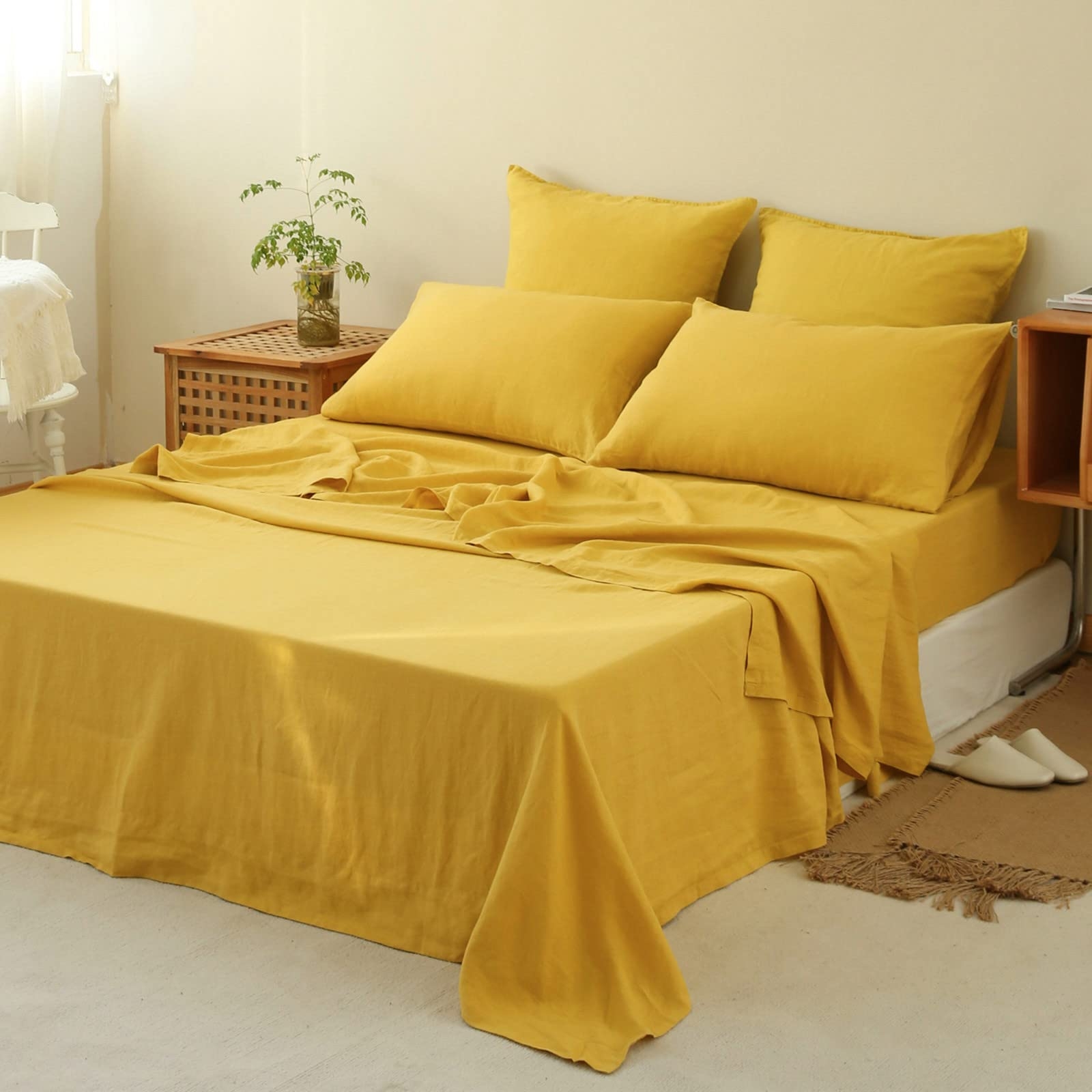 Amazon Simpleu0026Opulence 100 Linen Sheet Set 4pcs Basic Style Deep Pocket Natural French Washed Flax Solid Color Soft Breathable Bed Sheets Mustard Yellow Queen Home U0026 Kitchen