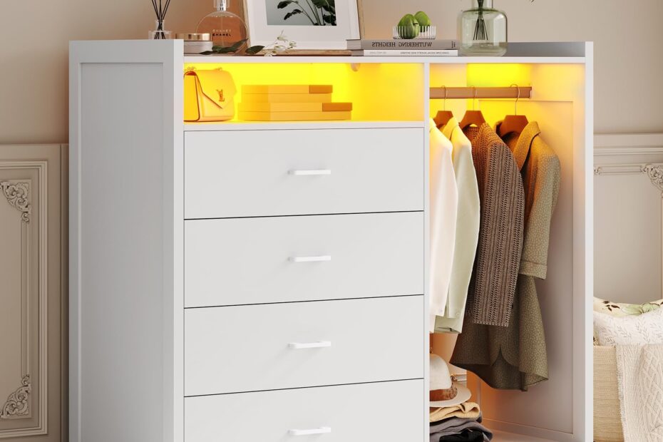 Amazon VIAGDO Dresser For Bedroom With Clothes Rail Chest Of 4 Drawers With LED Lights Modern White Dresser With Open Storage Space For Bedroom