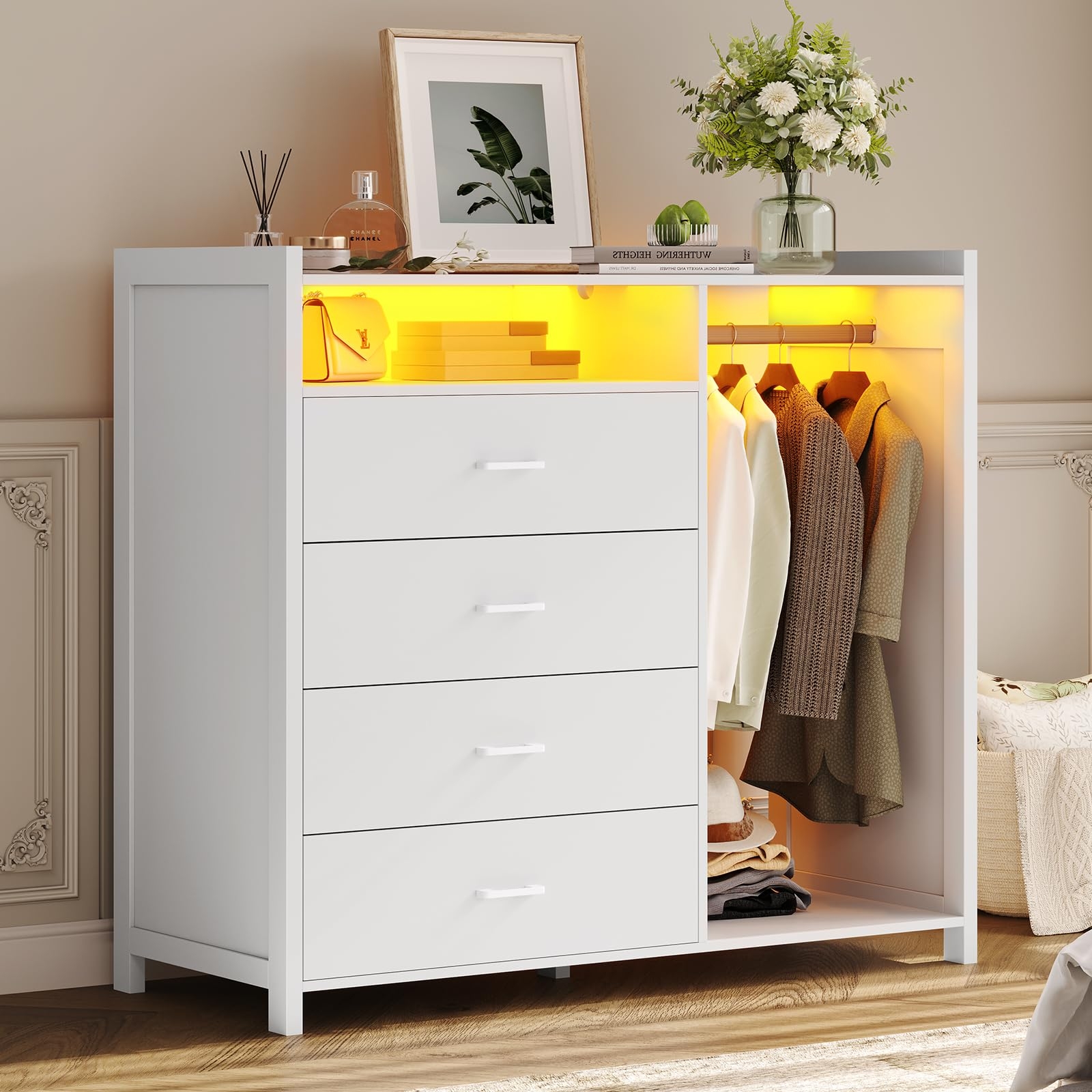 Amazon VIAGDO Dresser For Bedroom With Clothes Rail Chest Of 4 Drawers With LED Lights Modern White Dresser With Open Storage Space For Bedroom 