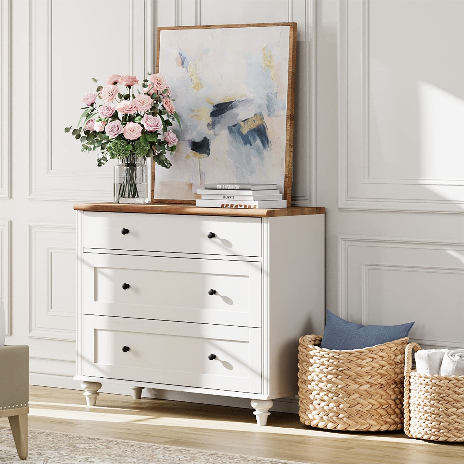 Amazon WAMPAT Dresser For Bedroom With 3 Drawers White Kids Dressers With Wide Chest Of Drawers Mid Century Modern Wooden Closet Storage Organizer Small Dressers For Living Room Nursery Hallway Home