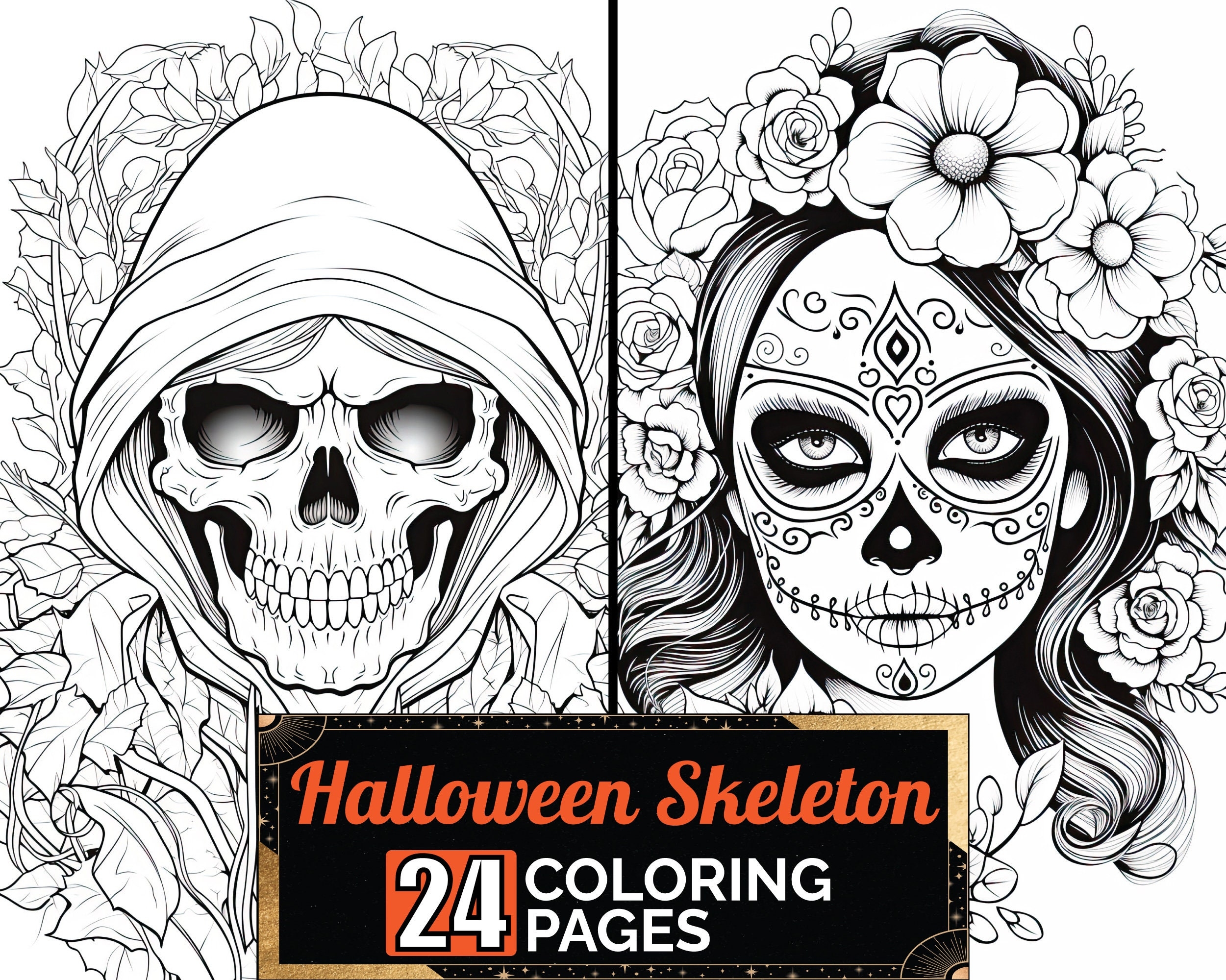 Artistic Halloween Skeleton Coloring Book 24 Premium Adult U0026 Kids 