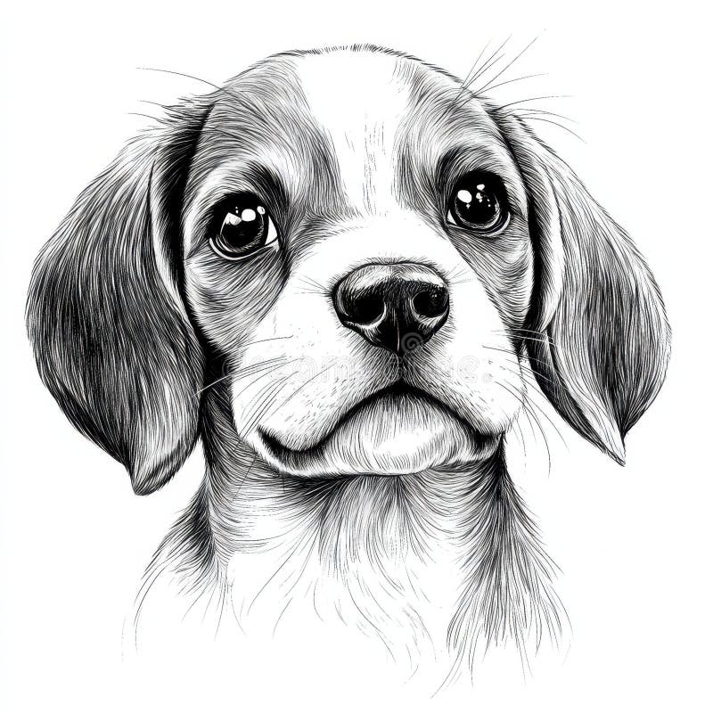 Beagle Puppy Portrait Black And White Ink Drawing Adorable Pet 