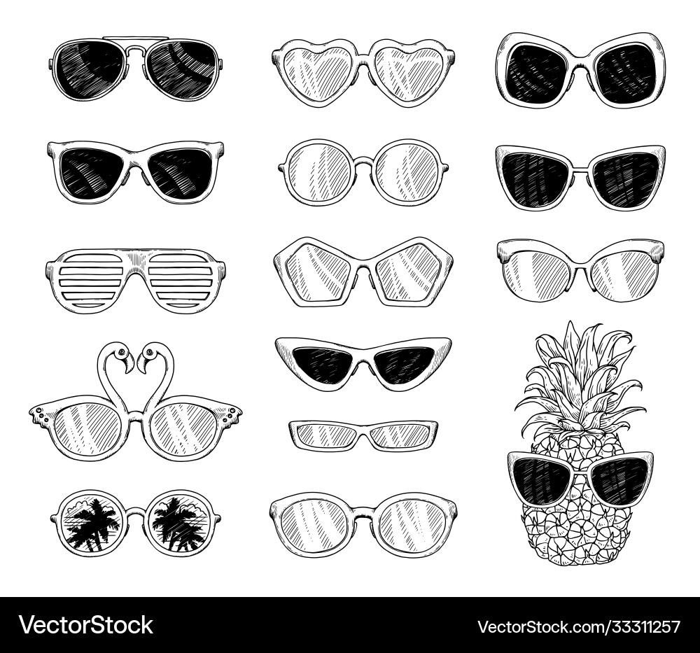 Black And White Tropical Sunglasses Drawing Set Vector Image