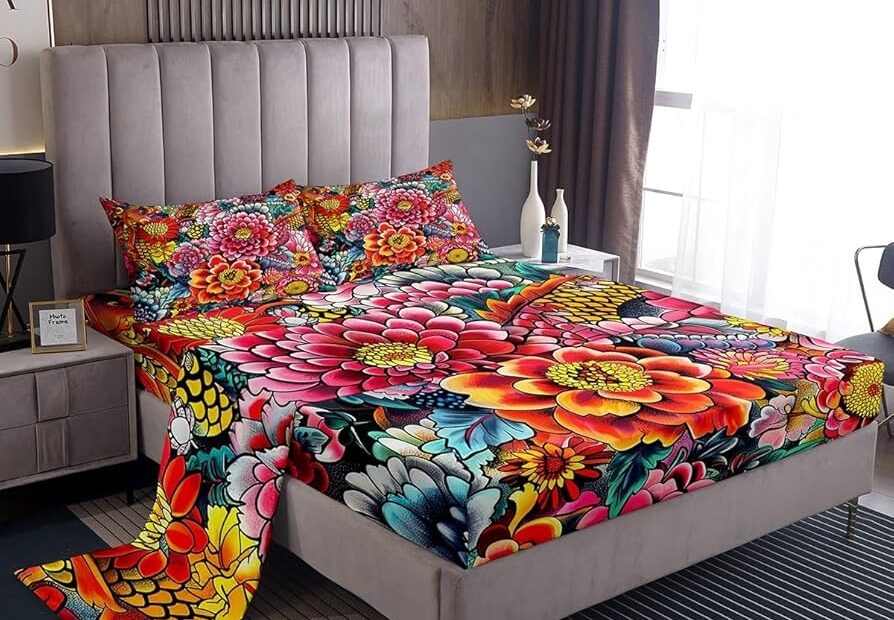 Boho Floral Fitted Sheet For Bedroom Bright Blossom Bed Sheet Set Botanical Bedding Set 4 Piece Colorful Flower 1 Fitted Sheet 1 Flat Sheet 2 Pillowcases Watercolor Queen Size Amazon in Home U0026 Kitchen