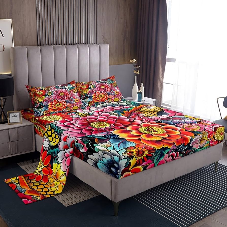 Boho Floral Fitted Sheet For Bedroom Bright Blossom Bed Sheet Set Botanical Bedding Set 4 Piece Colorful Flower 1 Fitted Sheet 1 Flat Sheet 2 Pillowcases Watercolor Queen Size Amazon in Home U0026 Kitchen