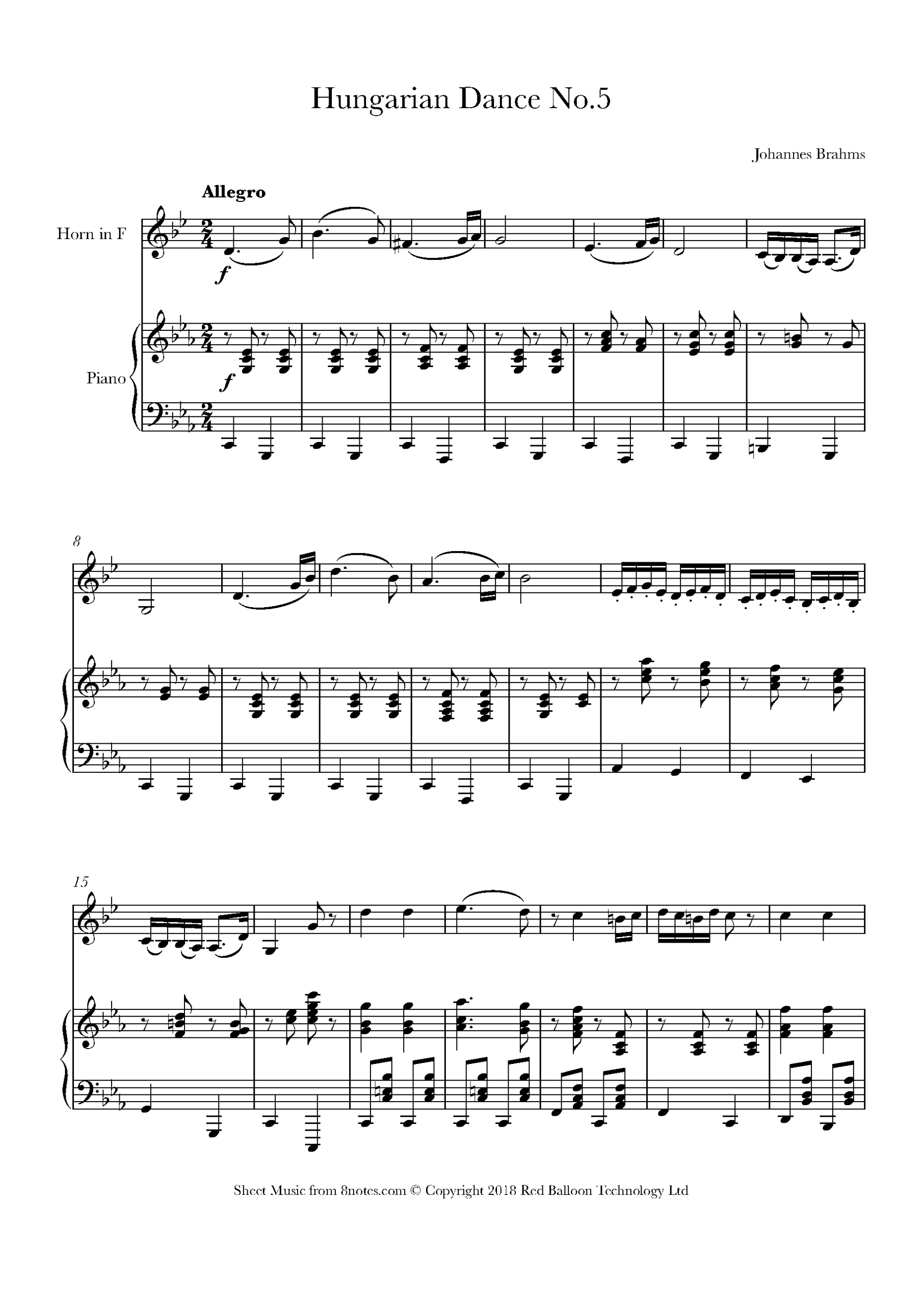 Brahms Johannes Hungarian Dance No 5 For French Horn Free Sheet Music For French Horn 8notes