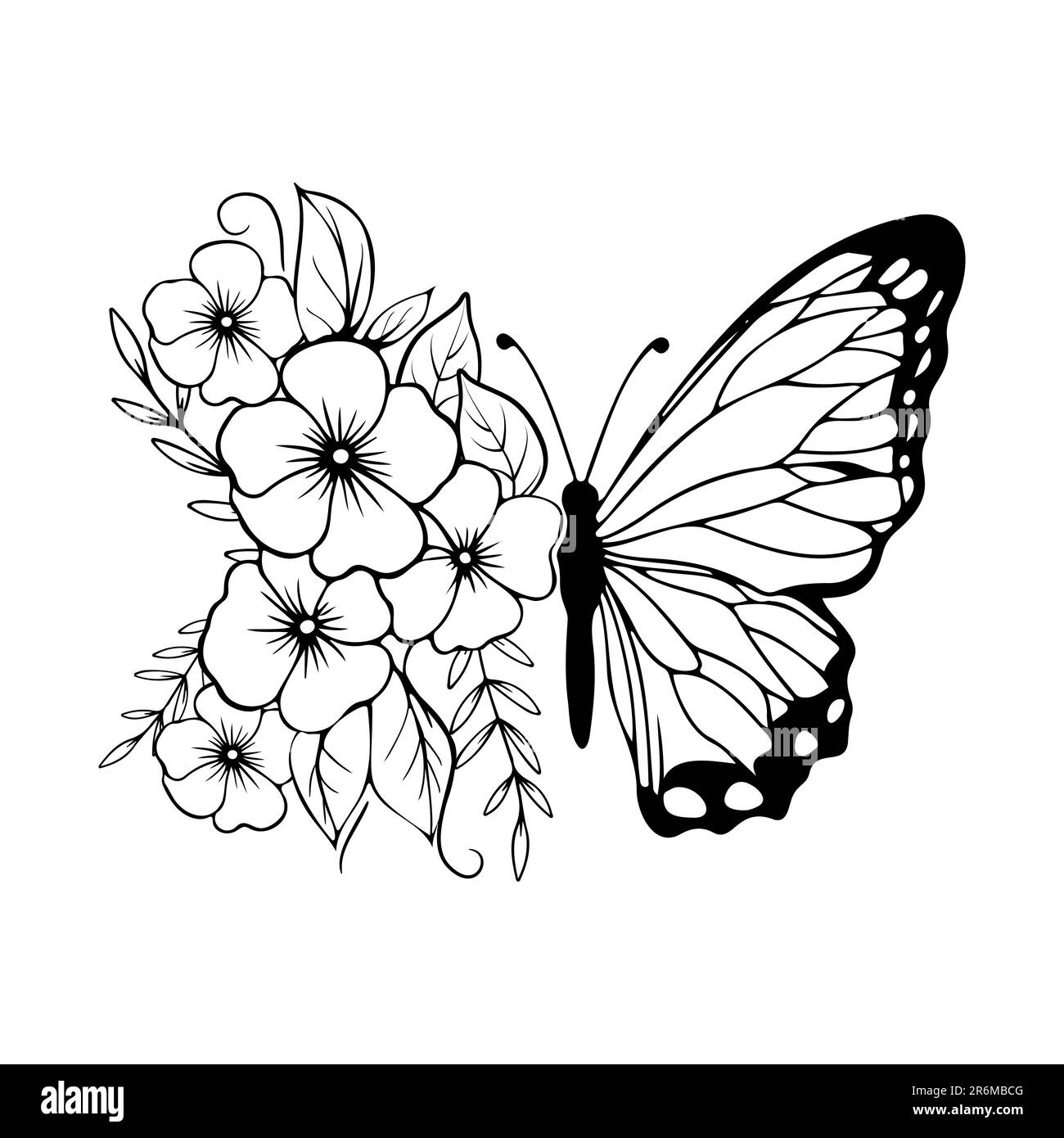 Butterfly Black Silhouette With Flowers Outline Stock Vector Image U0026 Art Alamy