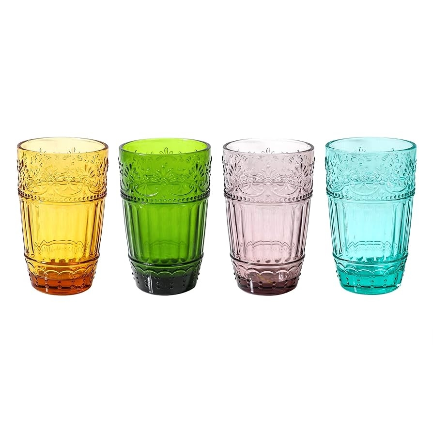 Buy Colored Water Glasses Embossed Design Glass Tumblers Set 12 OZ Of 4 Colors Set Online At Low Prices In India Amazon in