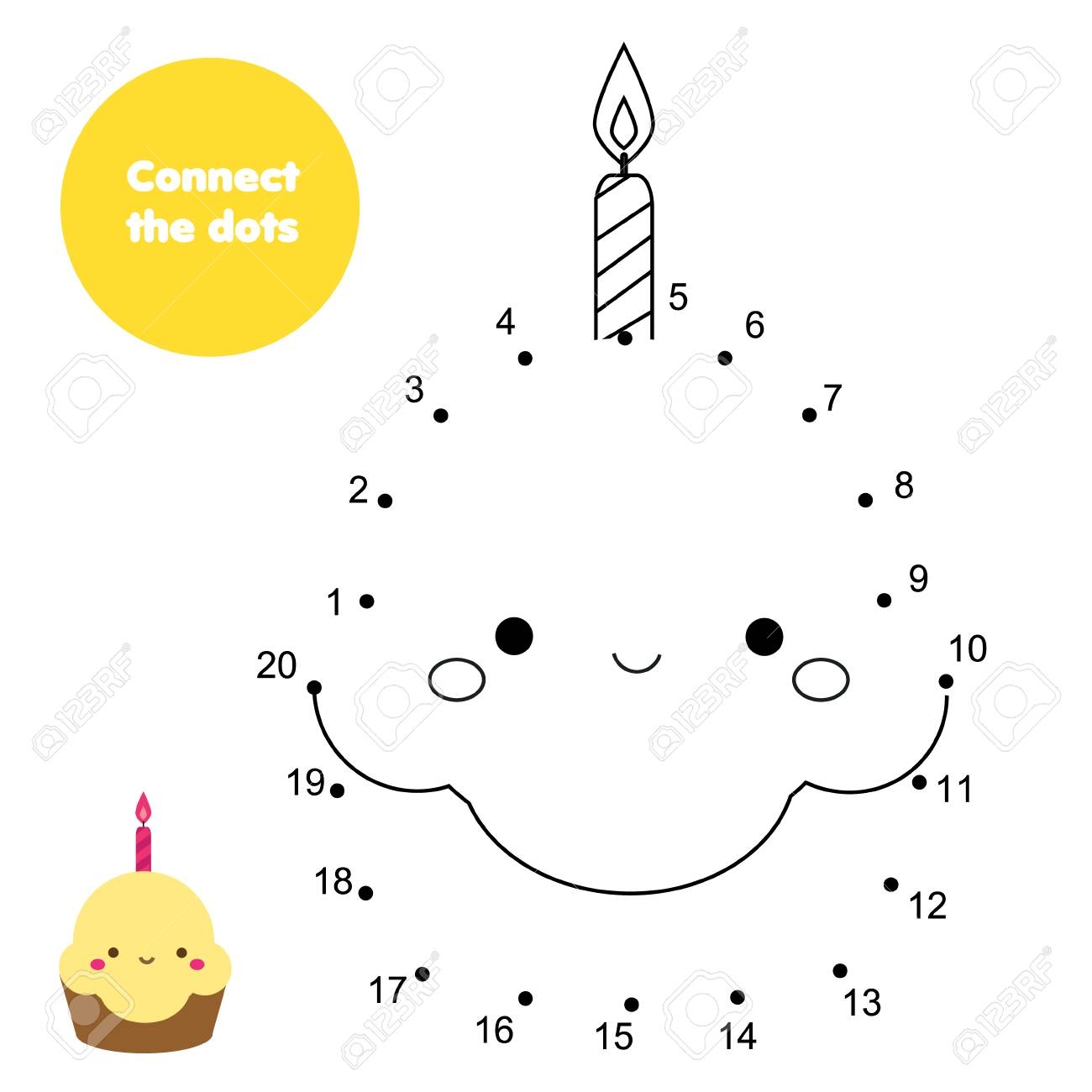 Children Educational Game Connect Dots By Numbers Food Theme Cute Cupcake Dot To Dot Printable Worksheet For Toddlers And Pre School Years Kids Royalty Free SVG Cliparts Vectors And Stock Illustration Image
