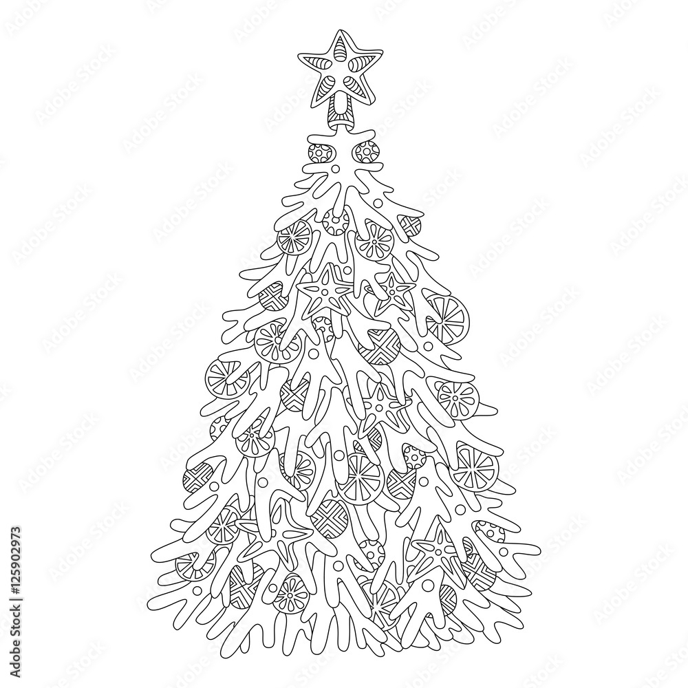 Christmas Tree Adult Coloring Page In Zentangle Style Stock Vector Adobe Stock
