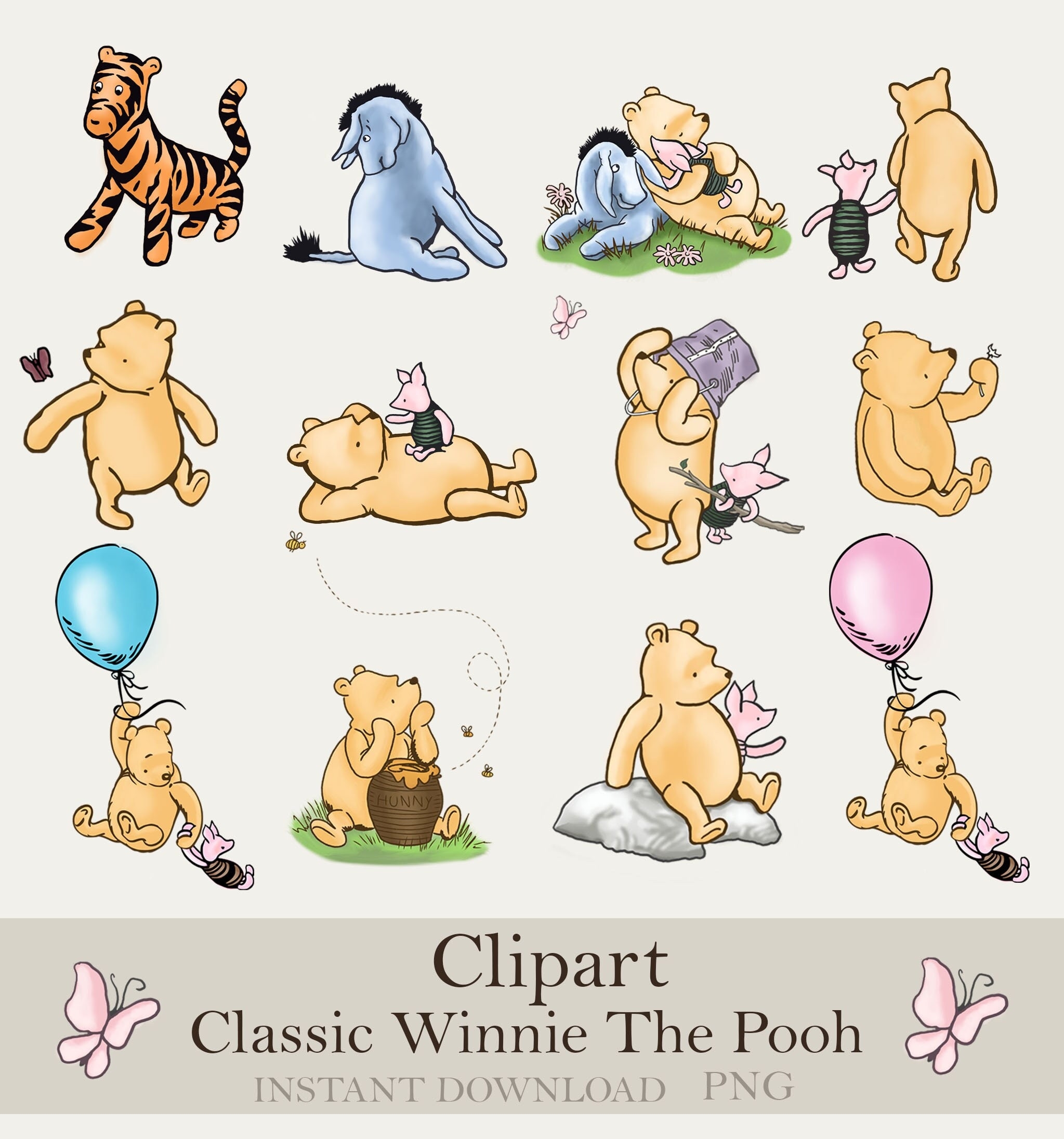 Classic Winnie The Pooh PNG Clipart Bundle Printable Pooh Bear 