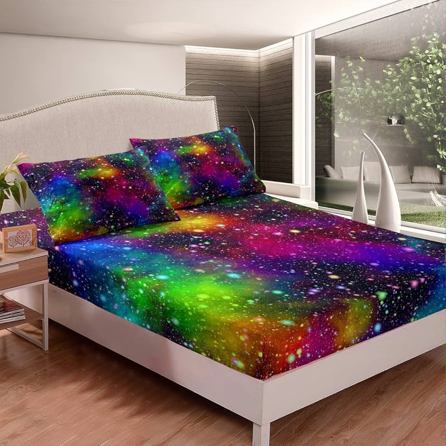 Colorful Galaxy Fitted Sheet Twin Size Space Theme Bed Sheets Starry Sky Sheet Set Modern Dream Bedroom Decorative 2 Pieces Bedding Set 1 Fitted Sheet 1 Pillow Case no Top Sheet Watercolor 