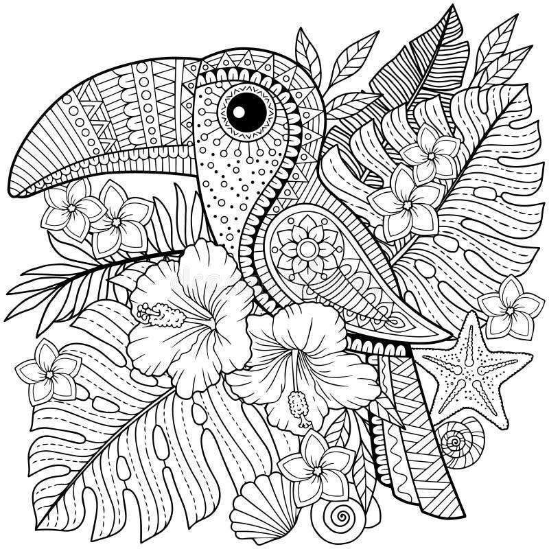Coloring Book For Adults Toucan Among Tropical Leaves And Flowers 