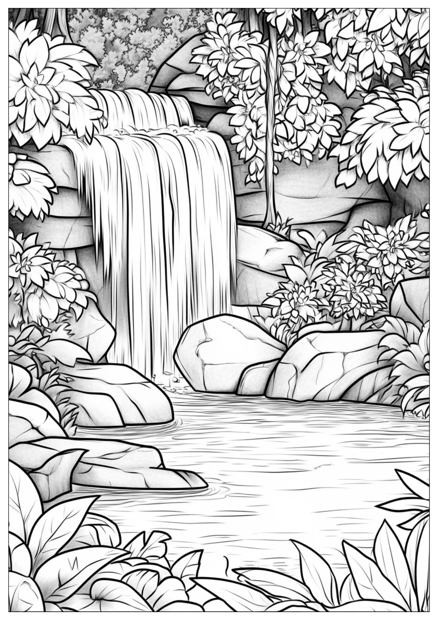 Coloring Page Of A Serene Waterfall In A Lush Jungle